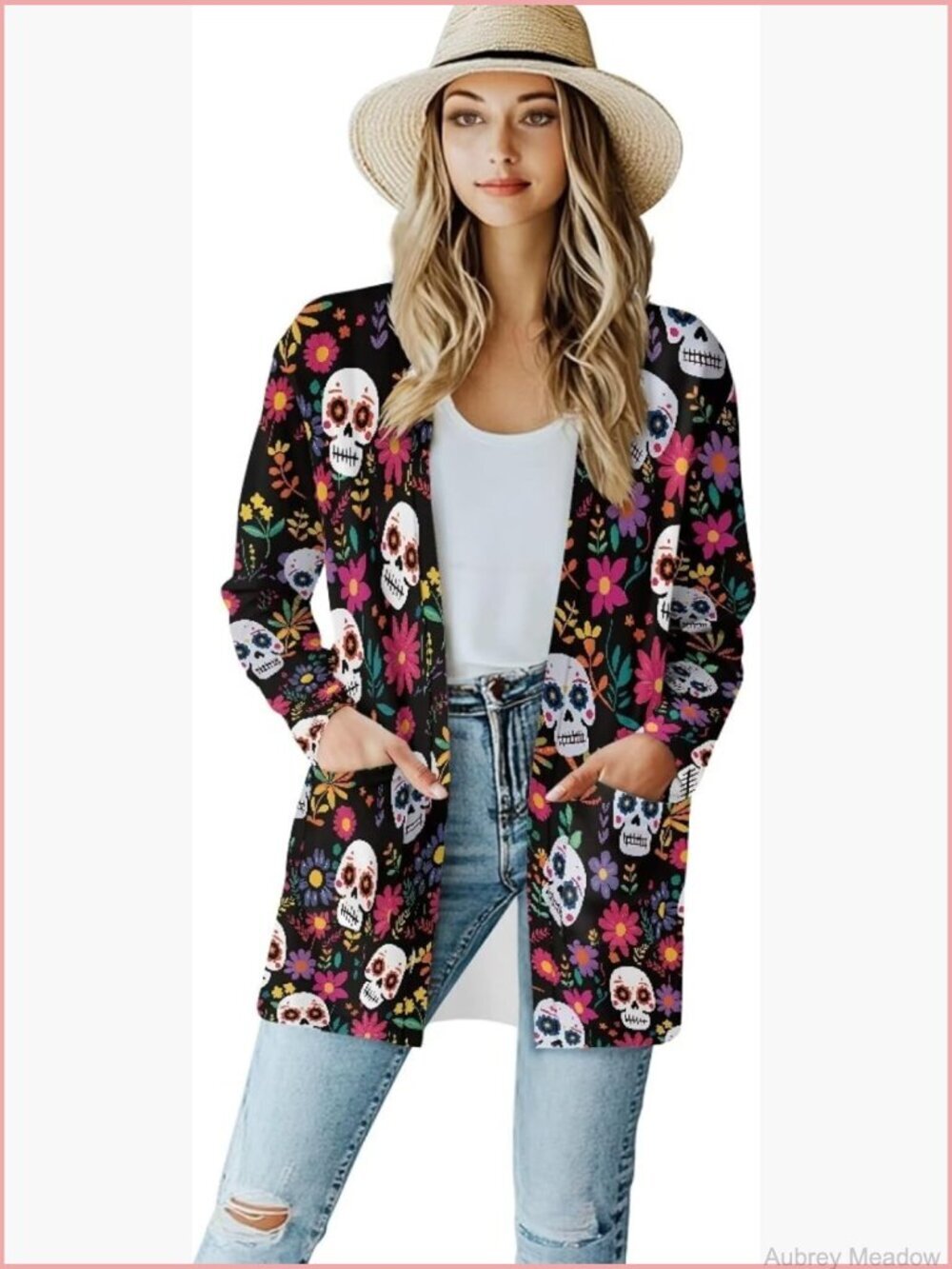 Gothic Skull Open Front Cardigan Sweater Long Sleeve V-Neck Duster Jacket Women